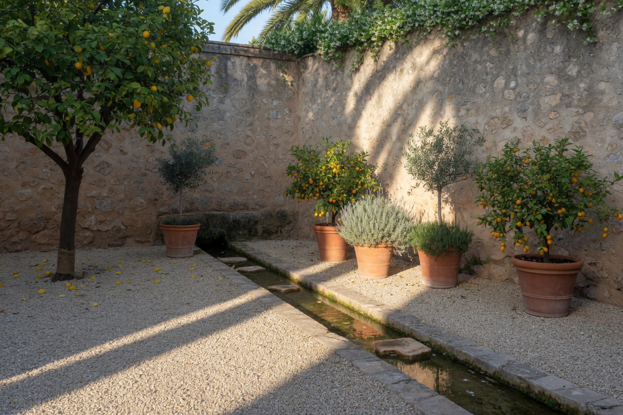 Innenhof mit Zitrusbäumen, Terrakotta und einem Wasserlauf