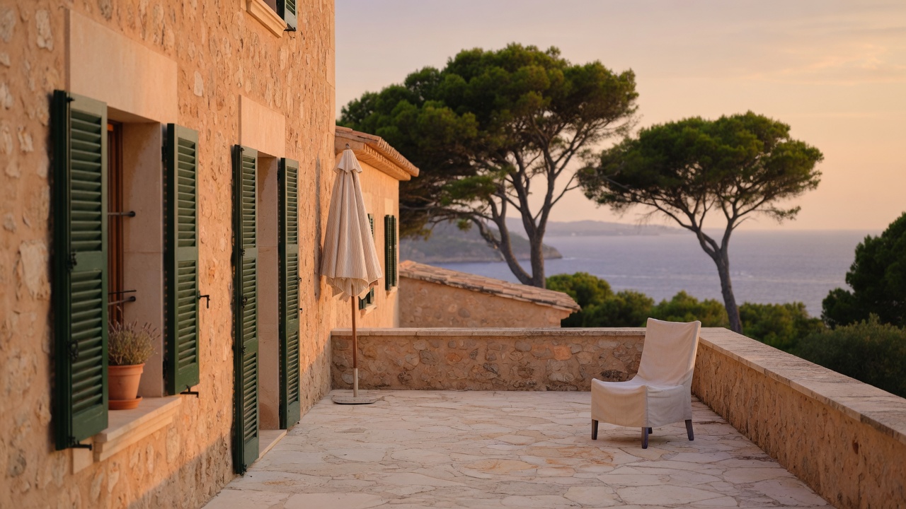 Steinterrasse eines Hauses auf Mallorca am Abend, Pinien und Meer