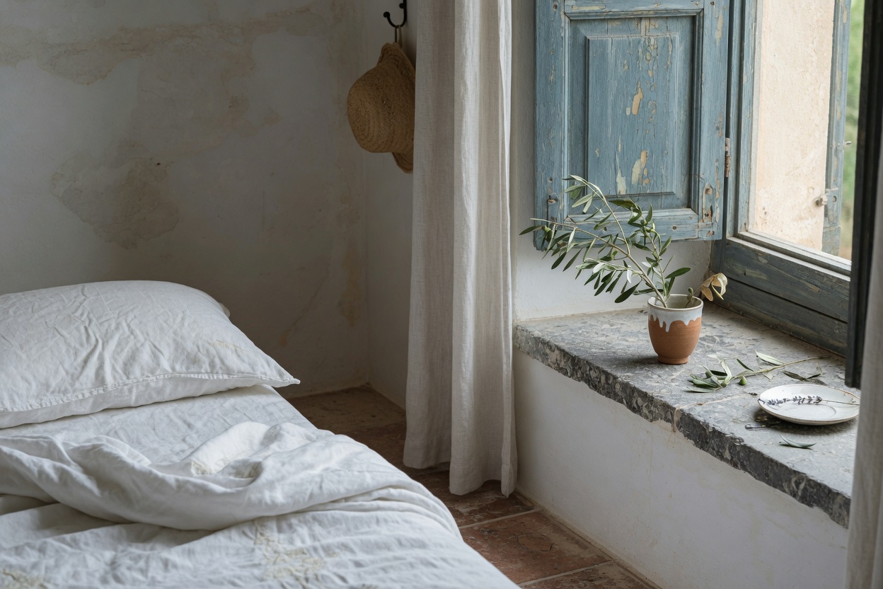 Schlafzimmer am Morgen, Leinen und ein halb offener Fensterladen