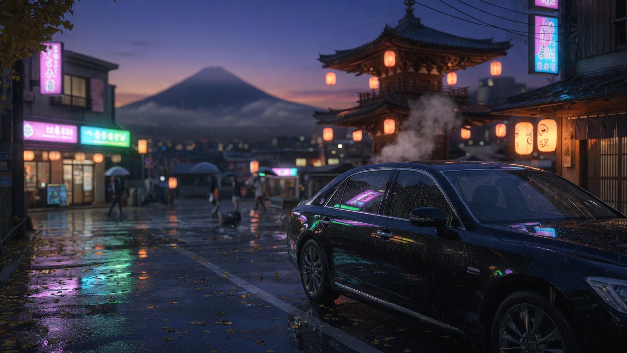 Black sedan on a Tokyo evening street