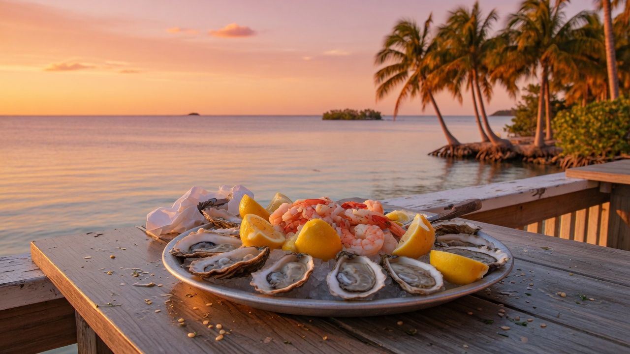 Oysters on a waterfront table at sunset